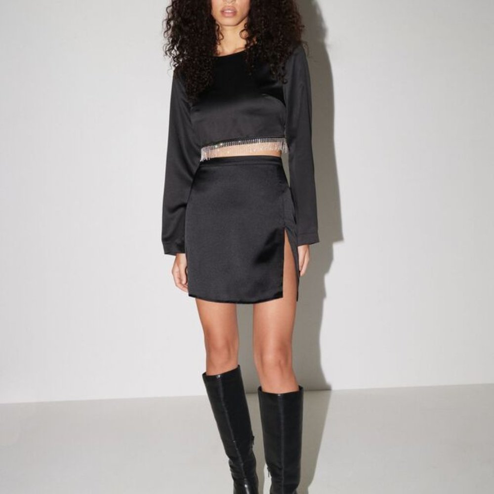 Dynamite Black Satin Mini Skirt with Slit